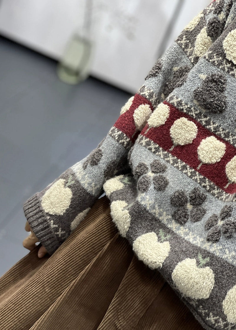 Grey O Neck Patchwork Cozy Cotton Knit Sweaters Long Sleeve
