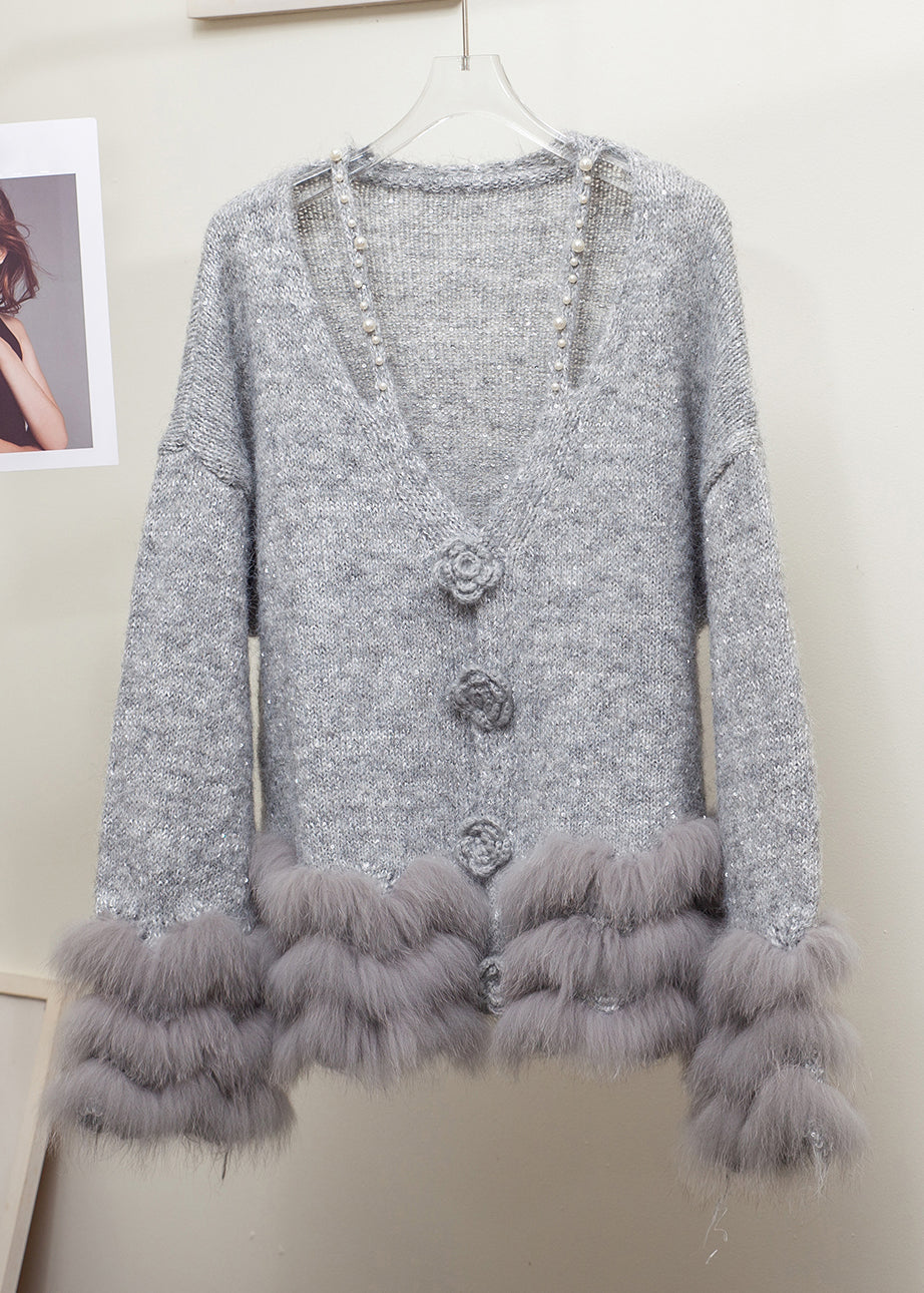Grey V Neck Fox Fur Pearl Patchwork Knit Sweaters Winter