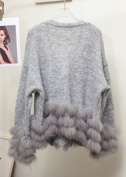 Grey V Neck Fox Fur Pearl Patchwork Knit Sweaters Winter