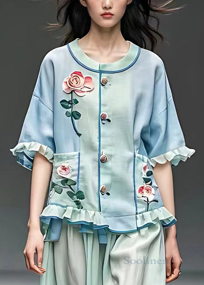 Light Blue O Neck Pockets Cotton Shirt Half Sleeve
