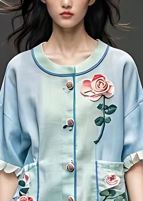 Light Blue O Neck Pockets Cotton Shirt Half Sleeve