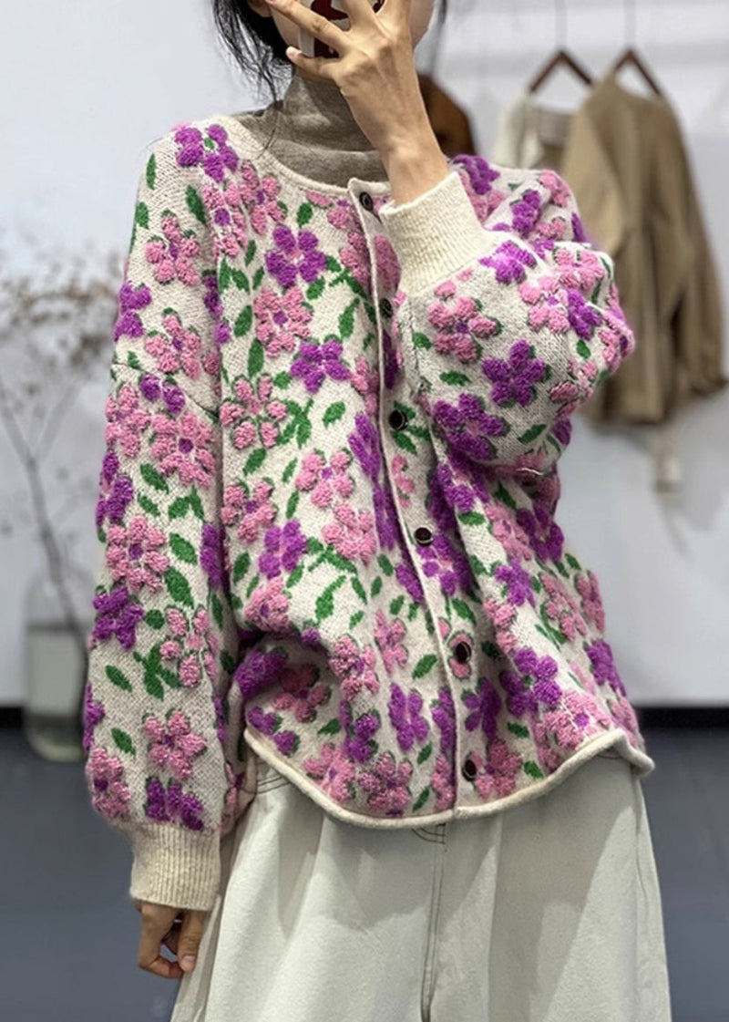 Light Purple O Neck Button Cotton Knit Coat Long Sleeve