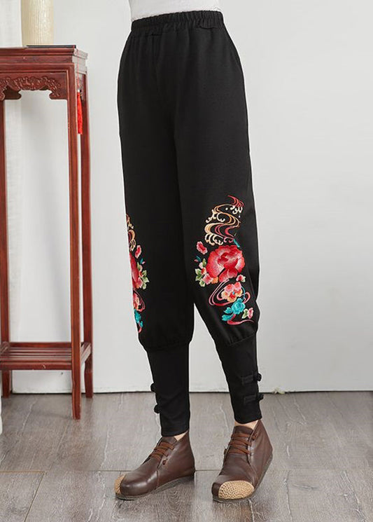 Patchwork Elastic Waist Pockets Cotton Harem Pants