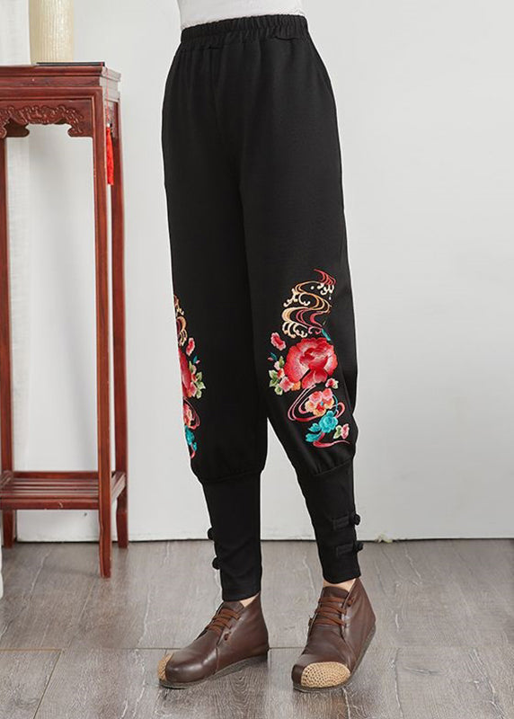 Patchwork Elastic Waist Pockets Cotton Harem Pants