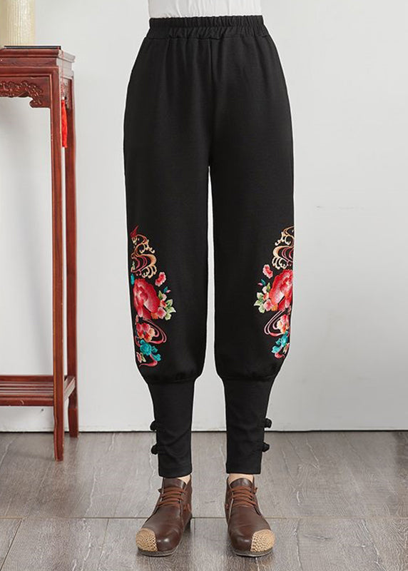 Patchwork Elastic Waist Pockets Cotton Harem Pants