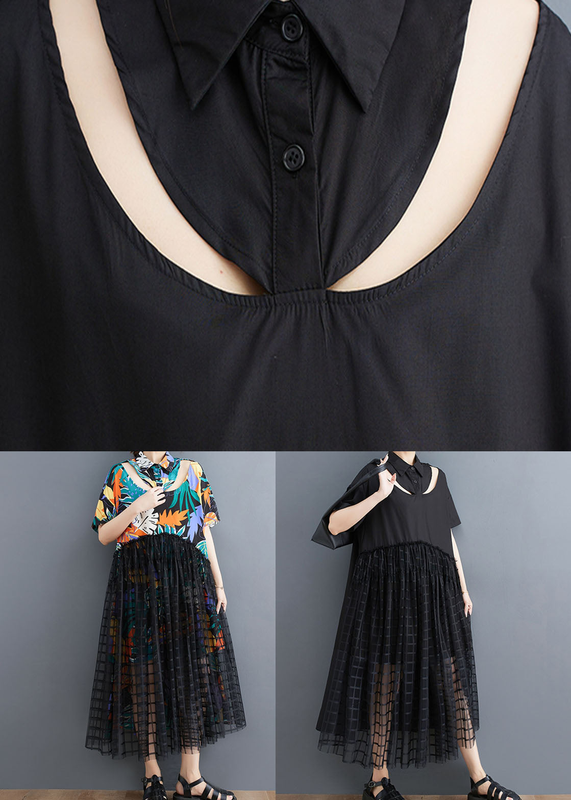Patchwork Long Tulle Shirts Dress Wrinkled Short Sleeve