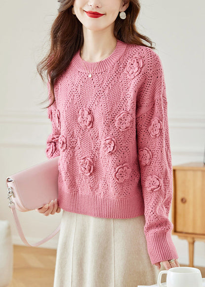 Pink Hollow Out Knit Sweaters Fall