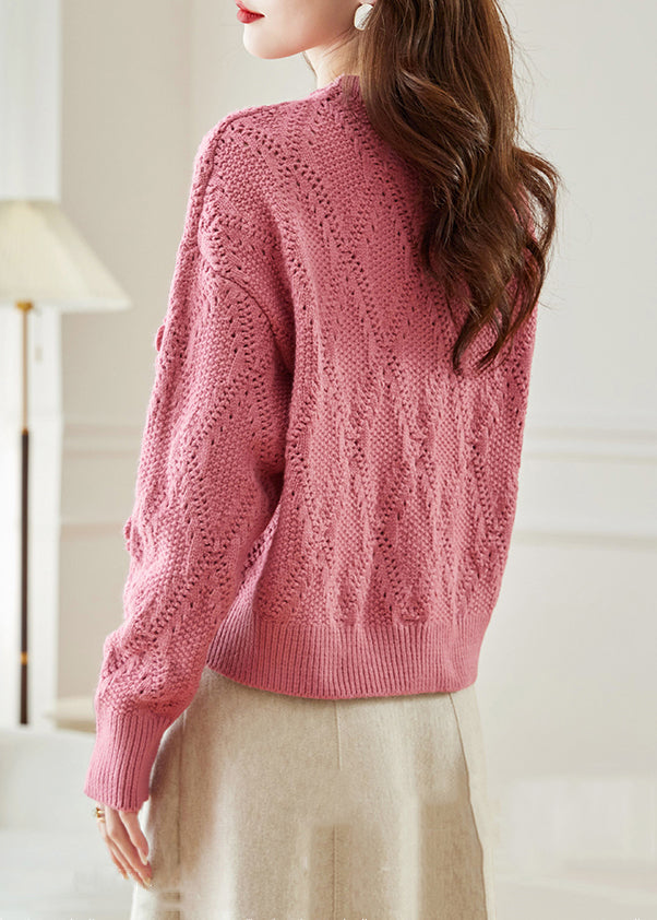 Pink Hollow Out Knit Sweaters Fall