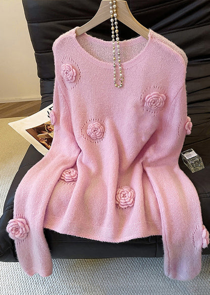 Pink O Neck Hollow Out Cozy Knit Sweater Fall