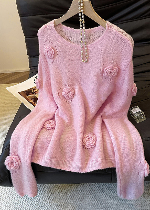 Pink O Neck Hollow Out Cozy Knit Sweater Fall