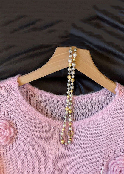 Pink O Neck Hollow Out Cozy Knit Sweater Fall