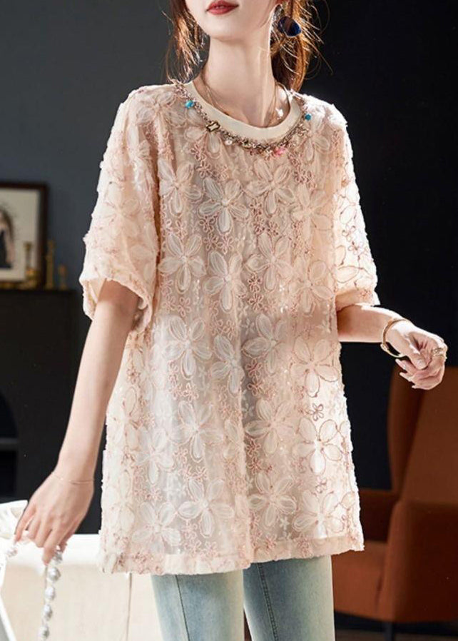 Pink O-neck Sequins Tulle T Shirt Summer