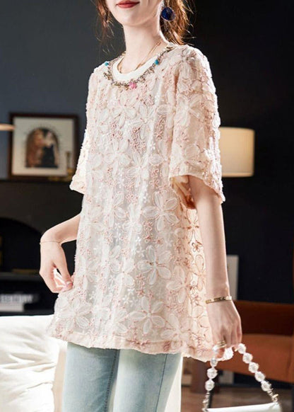 Pink O-neck Sequins Tulle T Shirt Summer