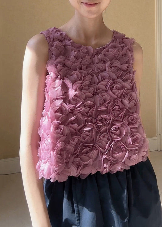 Pink O-neck Tulle Tank Sleeveless