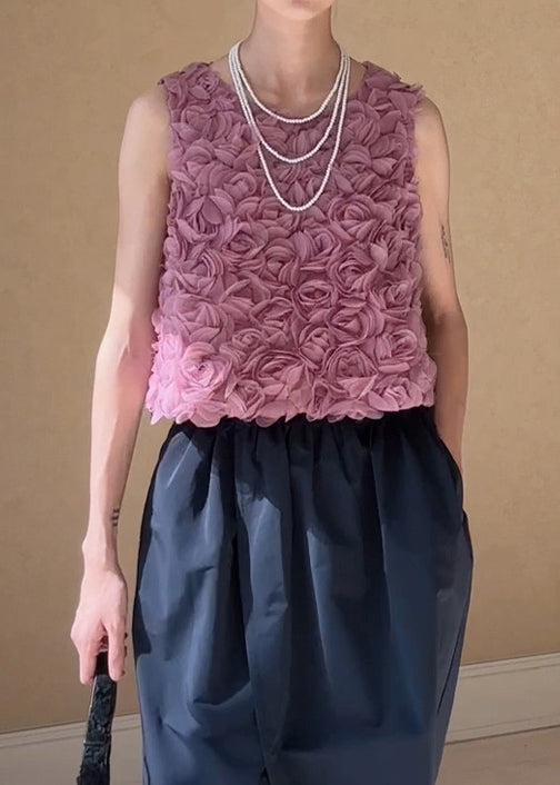 Pink O-neck Tulle Tank Sleeveless