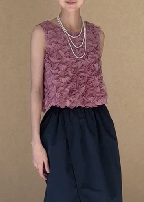 Pink O-neck Tulle Tank Sleeveless
