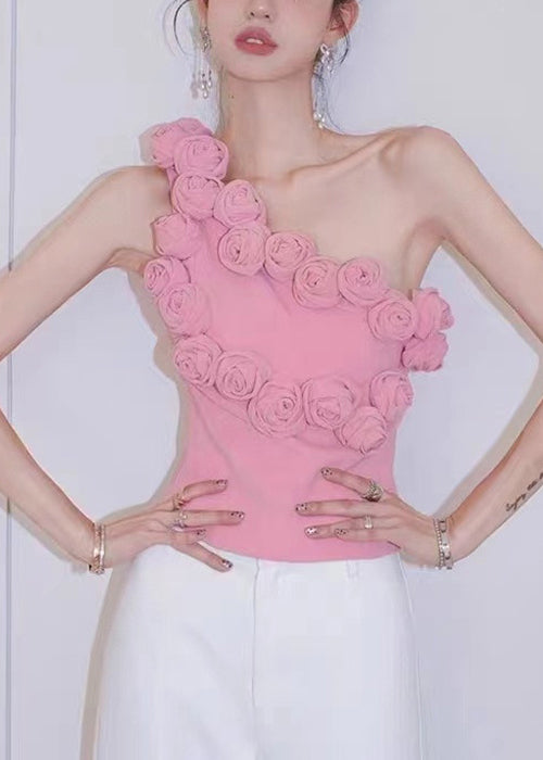 Pink One-shoulder Cotton Tank Sleeveless