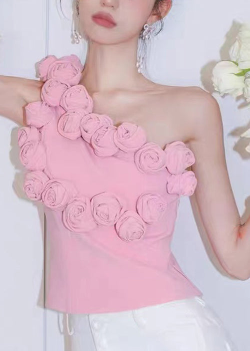 Pink One-shoulder Cotton Tank Sleeveless