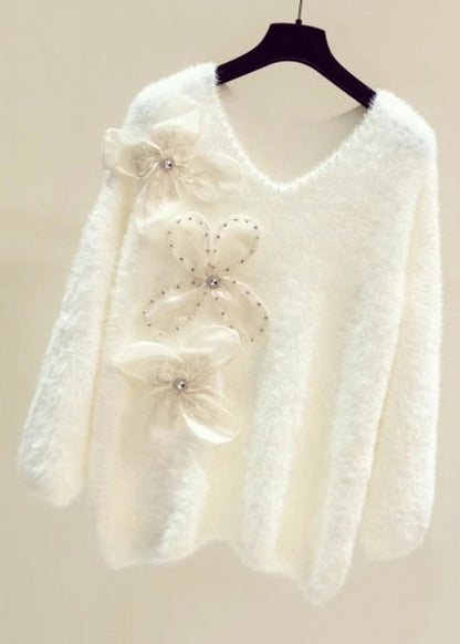 Pink V Neck Cozy Mink Hair Knitted Sweater Spring