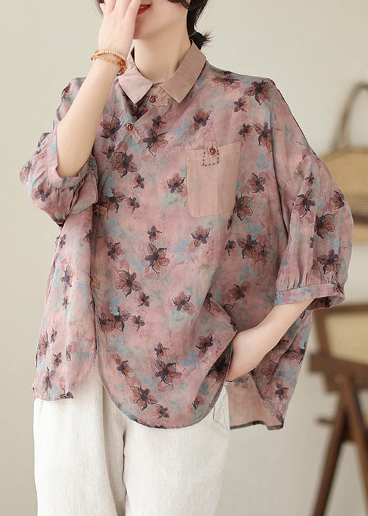 Print Peter Pan Collar Button Cotton Tops Spring