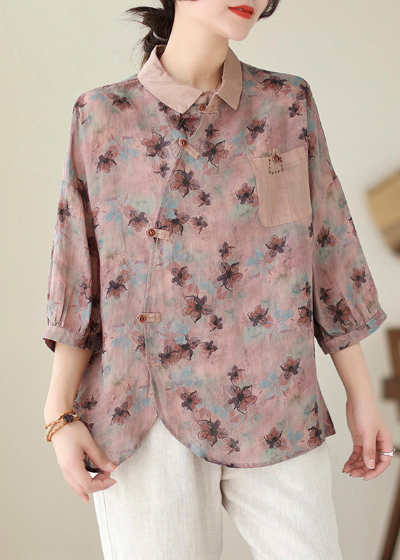 Print Peter Pan Collar Button Cotton Tops Spring