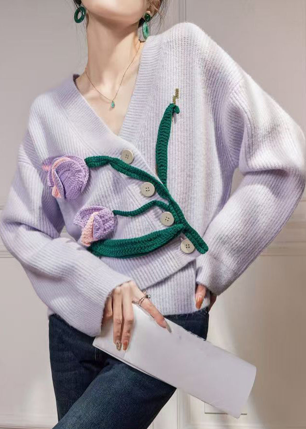 Purple Asymmetrical Button Knit Cardigan Spring