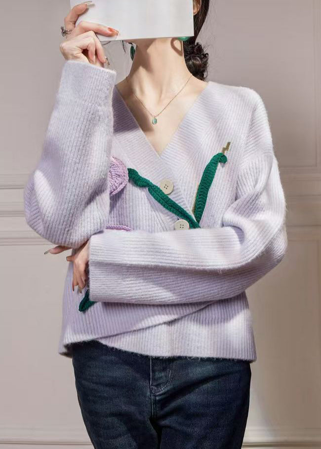 Purple Asymmetrical Button Knit Cardigan Spring