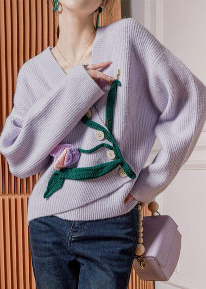 Purple Asymmetrical Button Knit Cardigan Spring