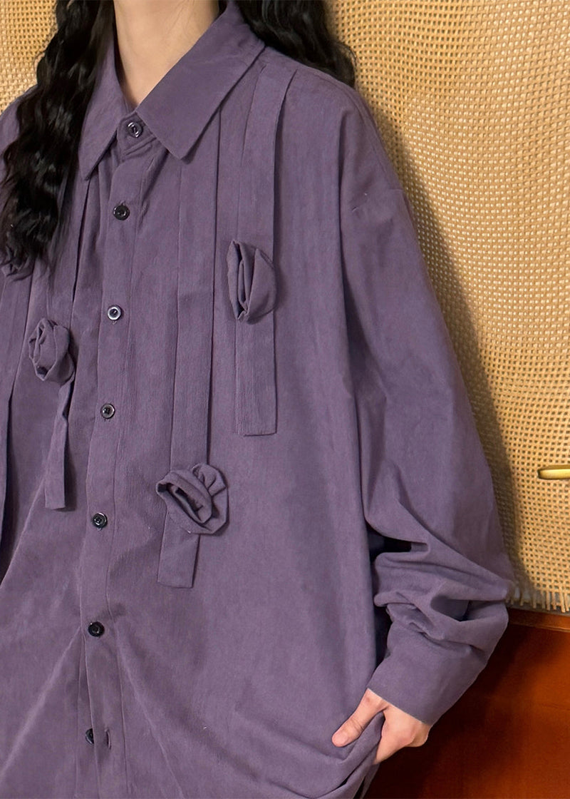 Purple Peter Pan Collar Button Cotton Blouses Spring