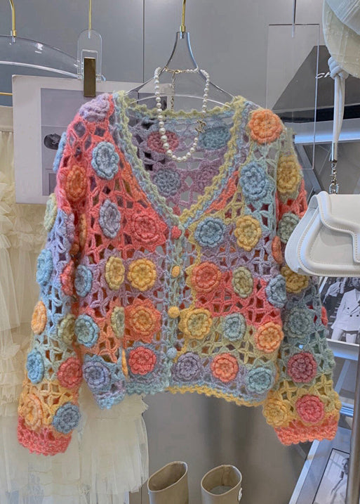 Handmade Rainbow V Neck Hollow Out Knit Cardigan Spring