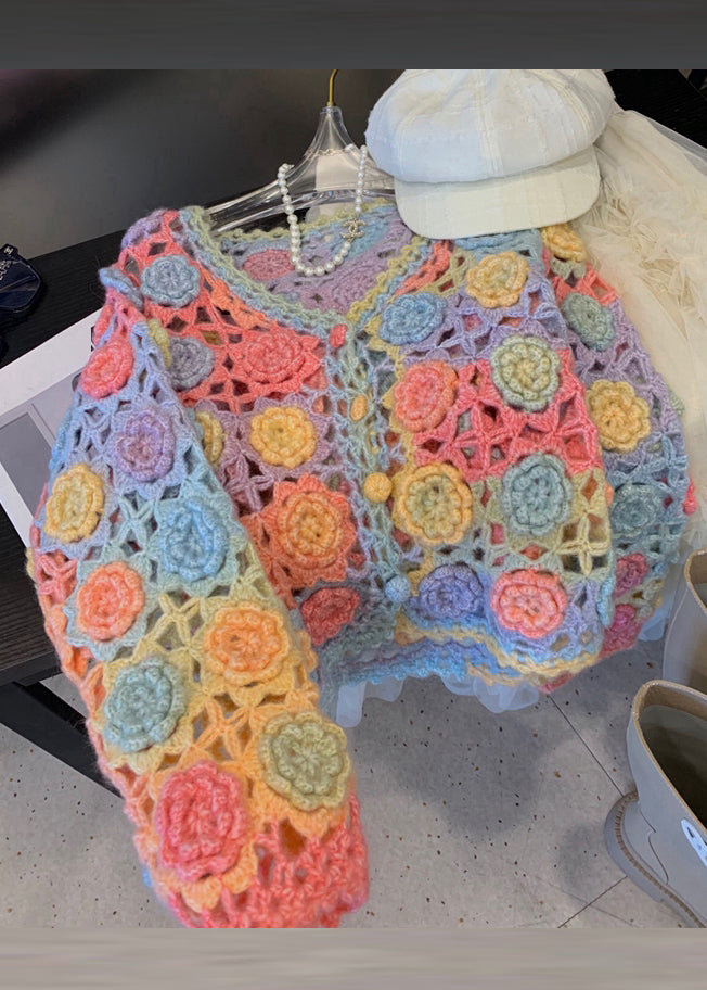 Handmade Rainbow V Neck Hollow Out Knit Cardigan Spring