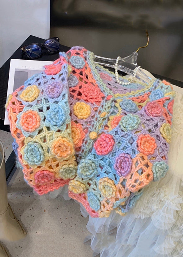 Handmade Rainbow V Neck Hollow Out Knit Cardigan Spring