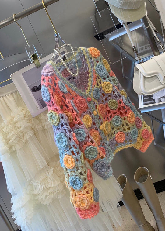 Handmade Rainbow V Neck Hollow Out Knit Cardigan Spring