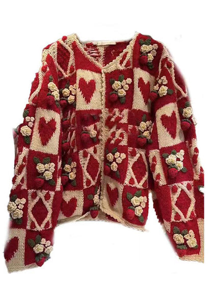 Red O Neck Button Patchwork Knit Cardigan Long Sleeve