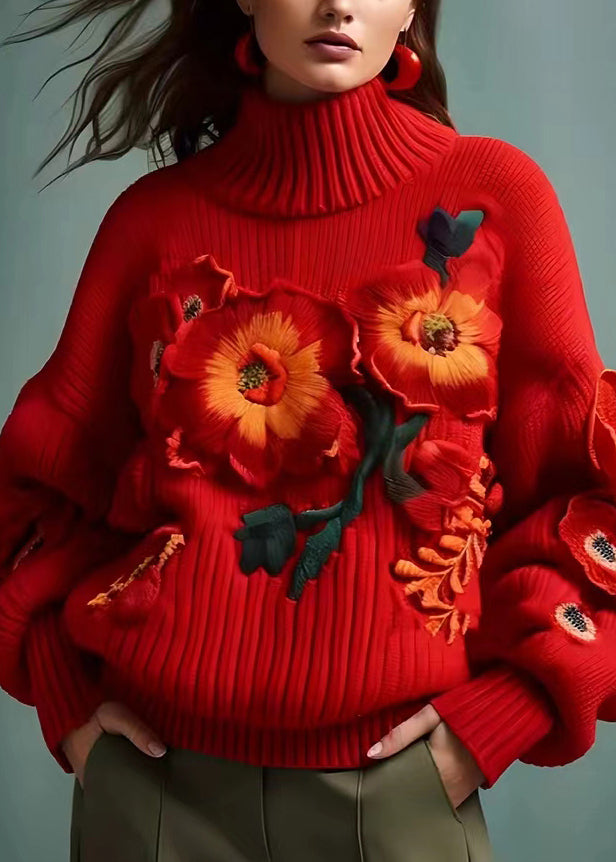 Red Turtleneck Cotton Knit Sweaters Long Sleeve