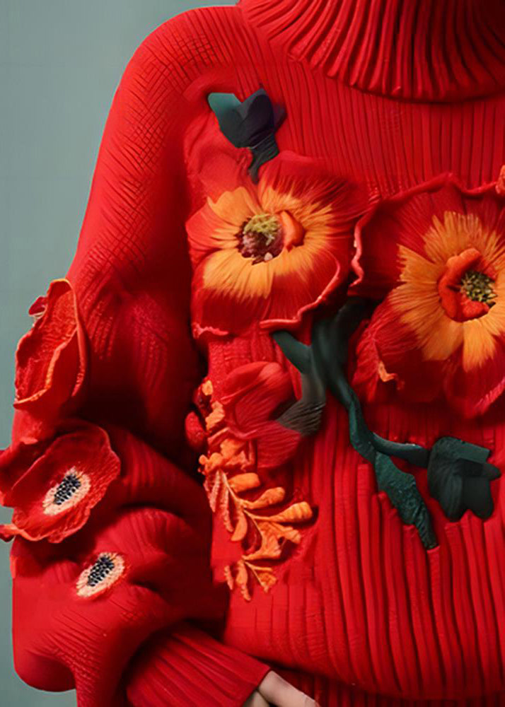 Red Turtleneck Cotton Knit Sweaters Long Sleeve