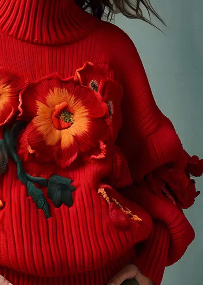 Red Turtleneck Cotton Knit Sweaters Long Sleeve