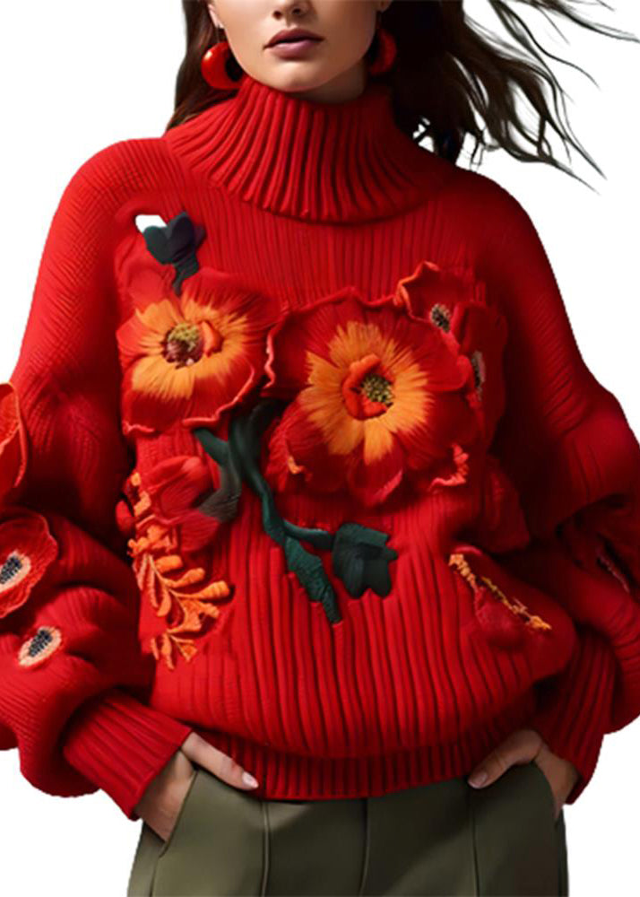 Red Turtleneck Cotton Knit Sweaters Long Sleeve