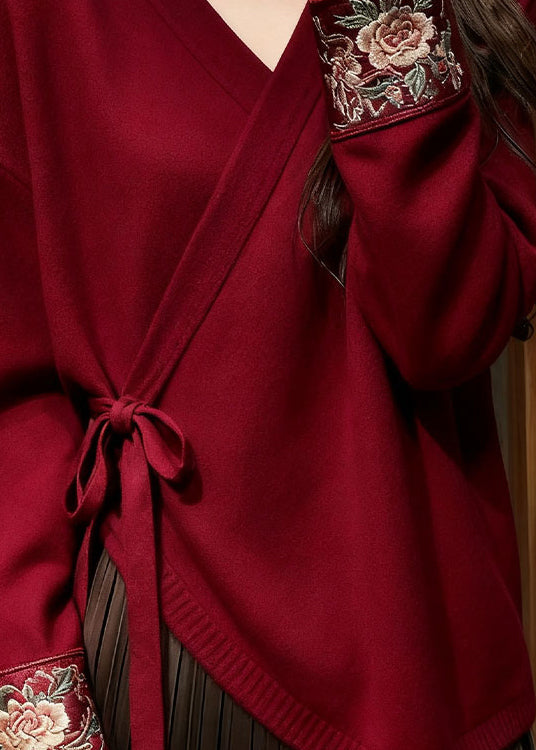 Red V Neck Lace Up Knit Sweater Spring