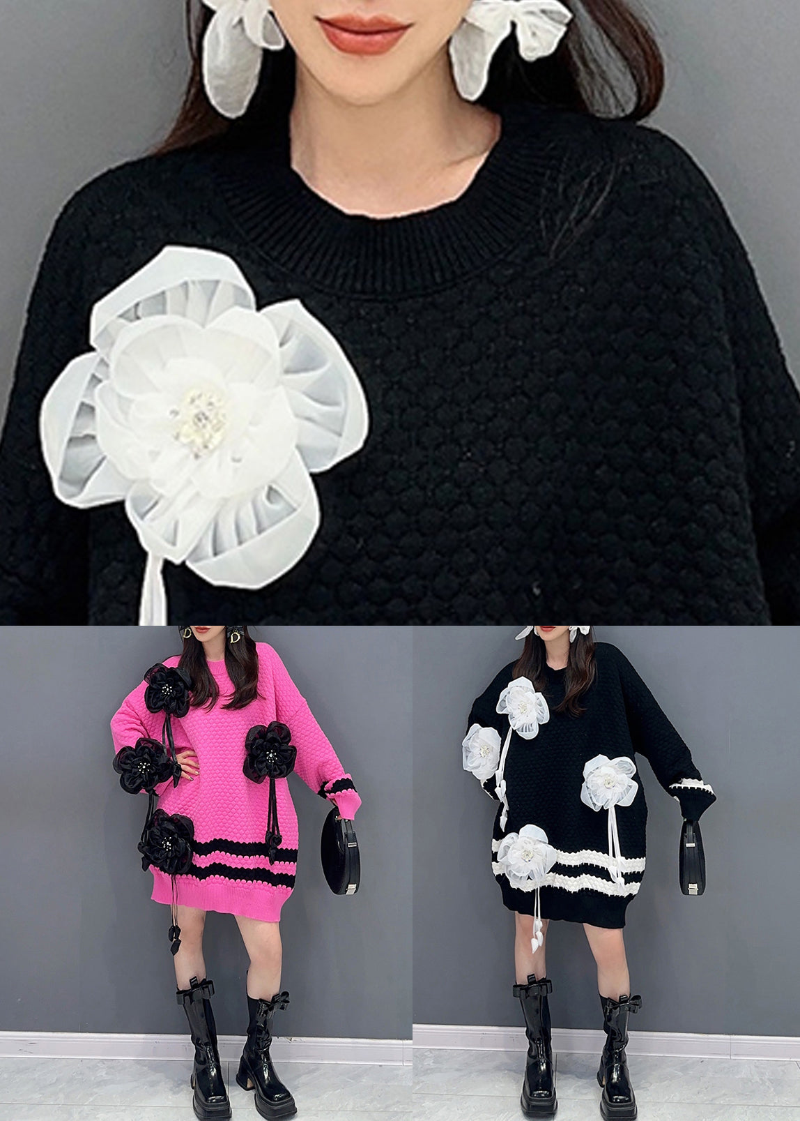 Rose O Neck Patchwork Cotton Knit Sweaters Long Sleeve