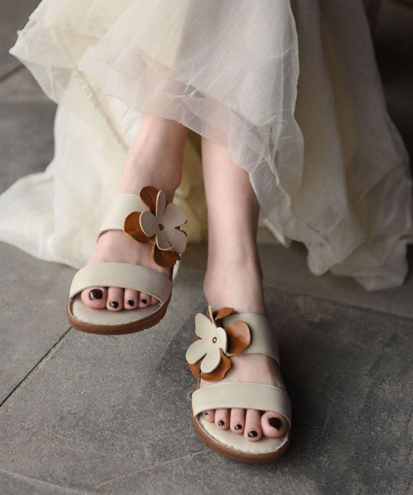 Splicing Platform Beige Comfortable Cowhide Leather Slide Sandals