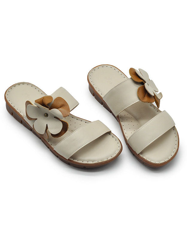 Splicing Platform Beige Comfortable Cowhide Leather Slide Sandals