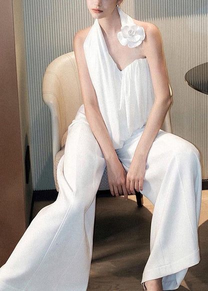 White Asymmetrical Tank and Wide Leg Pants Cotton Two Pieces Set Sleeveless