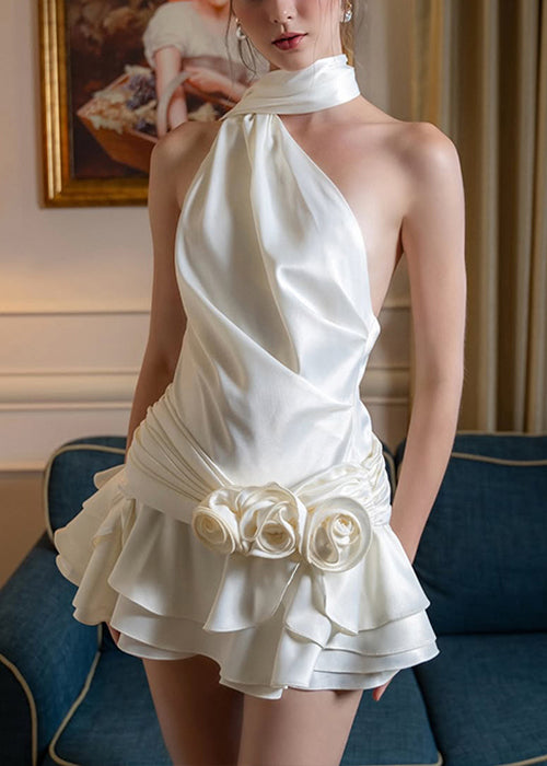 White Backless Wrinkled Silk Mid Dress Sleeveless