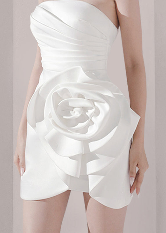 White Cold Shoulder Wrinkled Silk Mid Dress Sleeveless