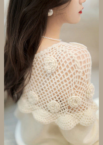 Floral White Hollow Out Patchwork Cotton Knit Top Long Sleeve
