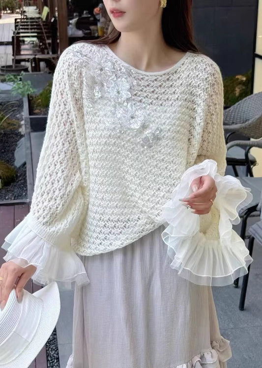 White Hollow Out Patchwork Knit Sweater Fall
