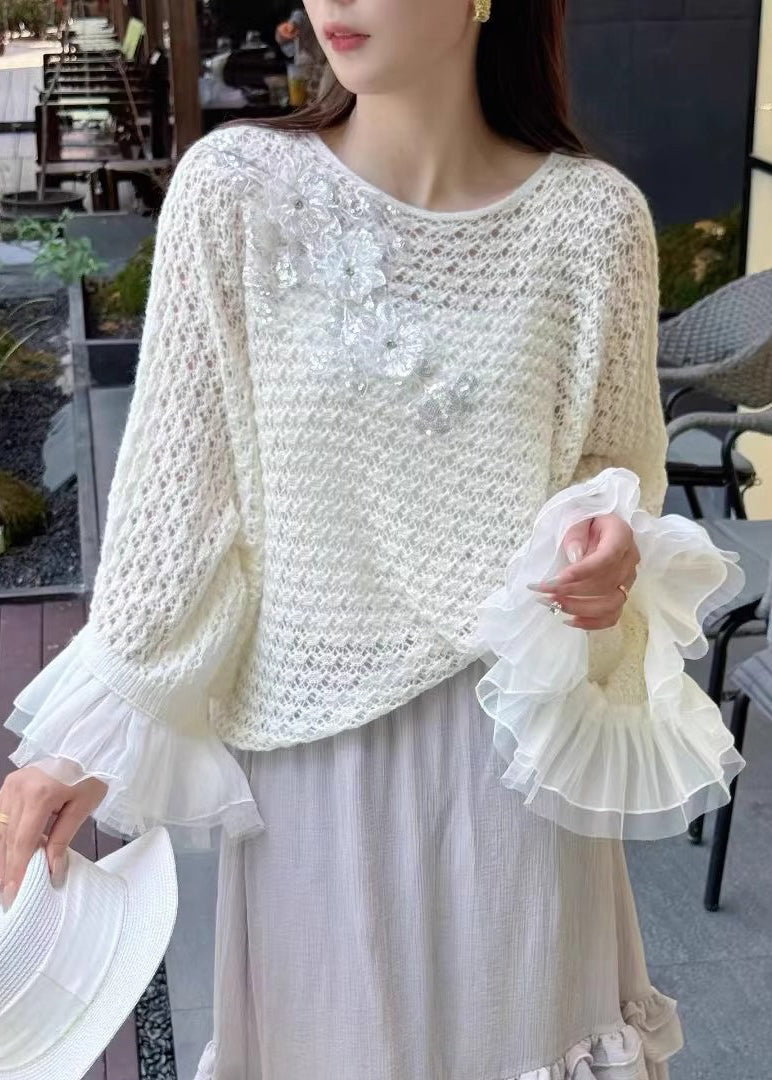 White Hollow Out Patchwork Knit Sweater Fall