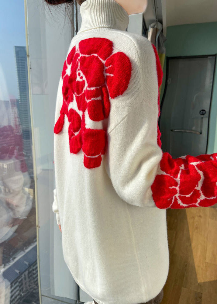 White Turtleneck Patchwork Cotton Wool Knit Shirts Long Sleeve