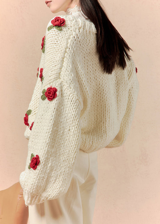White V Neck Hollow Out Cotton Knit Cardigans Spring